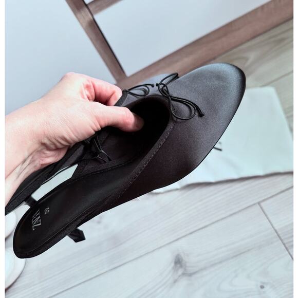 ZARA Embellished Bow Detail Mules NWT – Black Satin Heeled Slides, Sz 7.5 - Picture 6 of 16